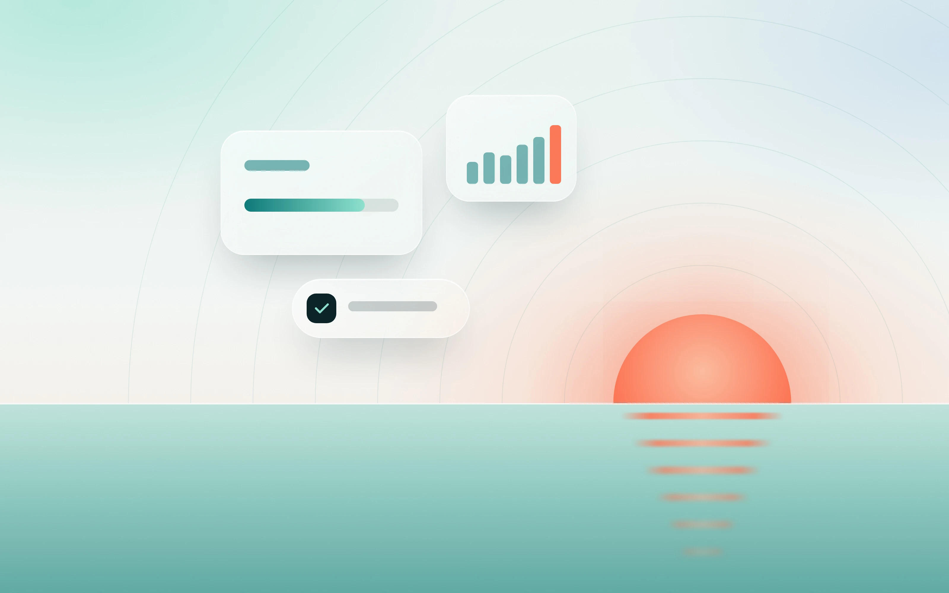Abstract Ostrell daybreak scene with floating glass status cards